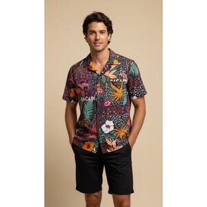 Bacardi‎ Hawaiian Camp Shirt Men's Small Floral Tropical Button Up Black